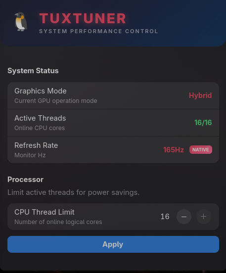 TuxTuner GTK4 control center interface